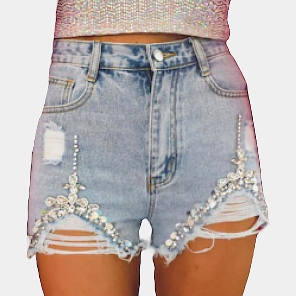 Blue B Trendy Rhinestone Gemstone Embellished Denim Shorts Distressed Detailing - Picture 1 of 6